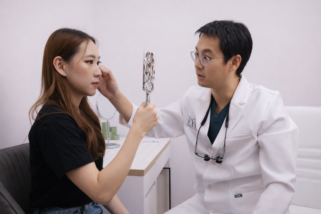 Oculoplastic surgeon evaluating eyelid and eye structure with patient before treatment at eye clinic Bangkok