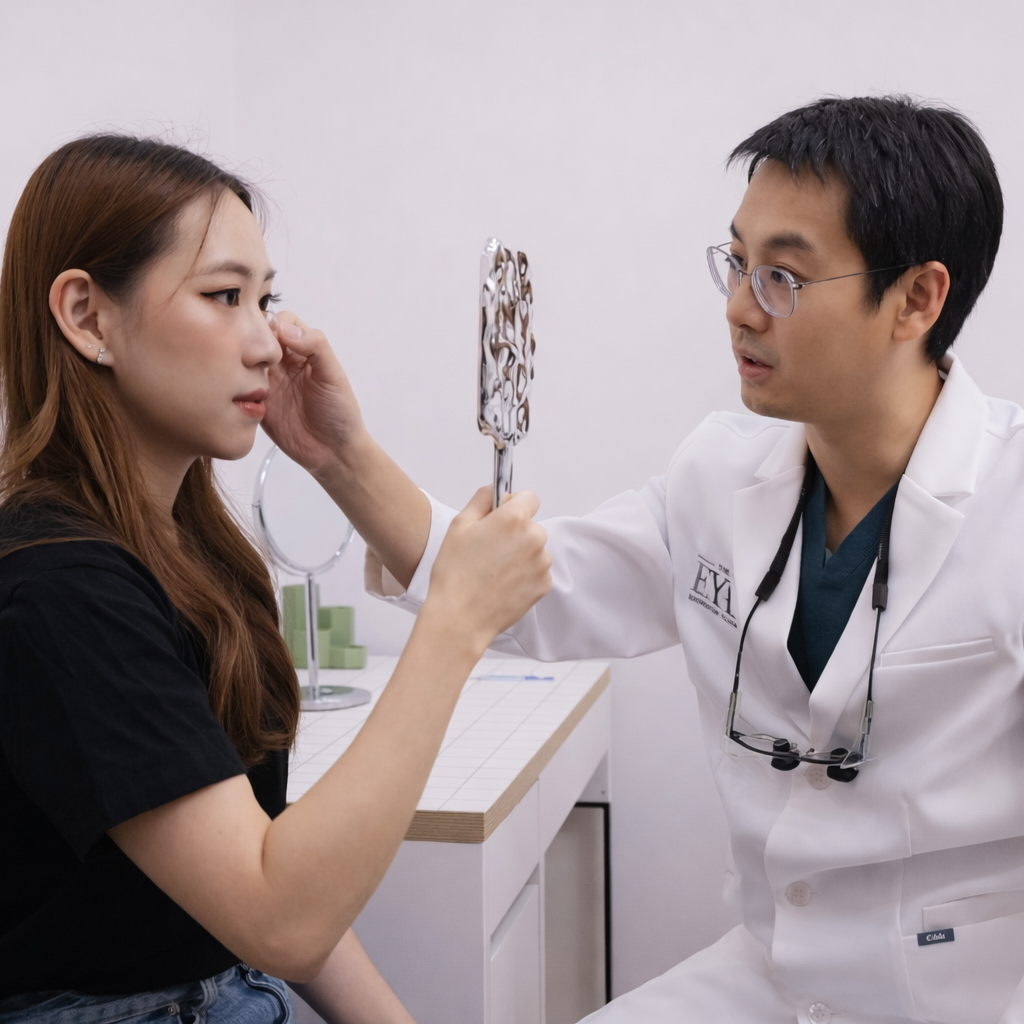 Oculoplastic surgeon evaluating eyelid and eye structure with patient before treatment at eye clinic Bangkok