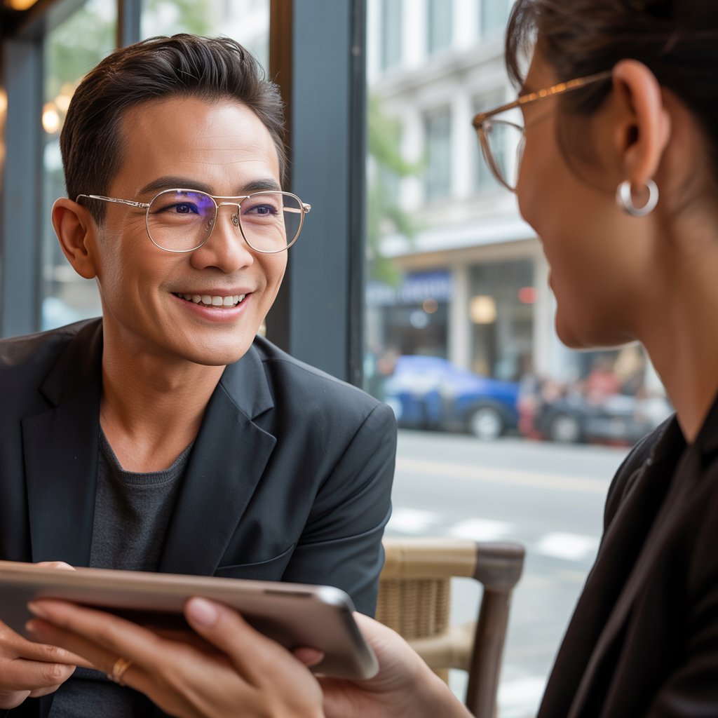 ผู้ชายวัยทำงานสวมแว่นเลนส์โปรเกรสซีฟพรีเมียมจาก The Eye Bangkok ขณะมองแท็บเล็ตและสลับไปมองคู่สนทนาได้อย่างไร้รอยต่อ สื่อถึงประสิทธิภาพของเลนส์โปรเกรสซีฟที่ชัดทุกระยะ